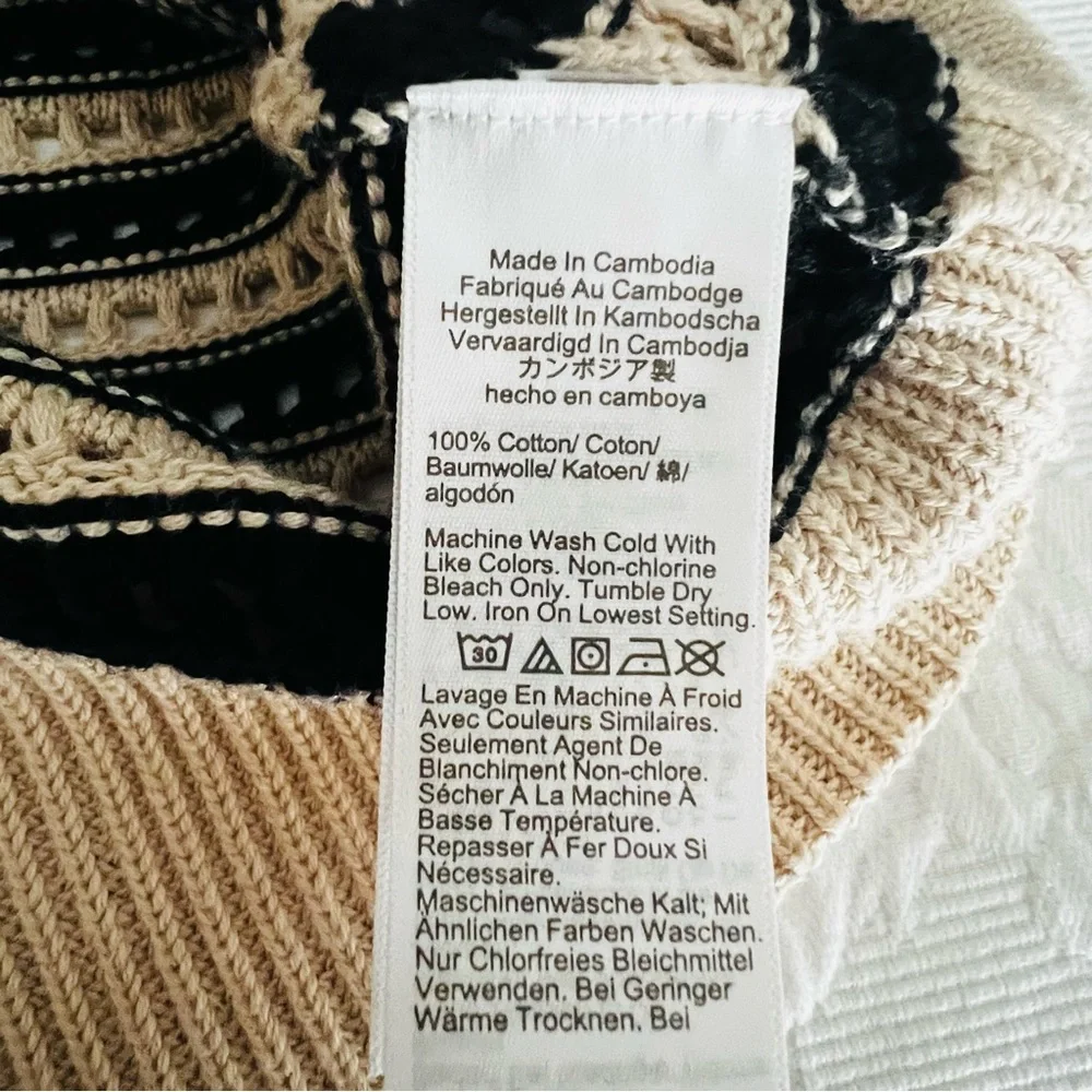 J Crew Crocheted Cream/Black Stripe Open Neck Pullover XL